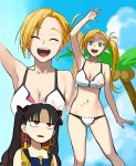  2girls :d aqua_eyes b_suke bare_shoulders bikini black_hair blonde_hair blue_sky breast_envy breasts calamity_jane_(fate/grand_order) cleavage closed_eyes cloud collarbone commentary_request earrings facial_mark fate/grand_order fate_(series) highres hoop_earrings ishtar_(fate)_(all) jewelry large_breasts long_hair multicolored_hair multiple_girls navel open_mouth palm_tree red_eyes red_hair side_ponytail sky smile space_ishtar_(fate) star_(symbol) stomach_tattoo streaked_hair swimsuit tattoo tree two-tone_hair two_side_up white_bikini zoom_layer 