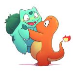  &lt;3 1:1 anthro blush bulbasaur charmander claws duo eyebrows eyes_closed fire green_body green_skin green_spots holding_arms kissing leonthelionel male male/male nintendo orange_body orange_skin pok&eacute;mon pok&eacute;mon_(species) romantic_couple slightly_chubby smile spots video_games 