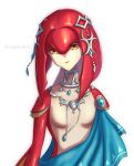  1girl breasts chagara closed_mouth fins fish_girl highres jewelry looking_at_viewer mipha monster_girl multicolored multicolored_skin neck_ring no_nipples no_nose pendant red_skin simple_background small_breasts smile the_legend_of_zelda the_legend_of_zelda:_breath_of_the_wild twitter_username white_background yellow_eyes zora 