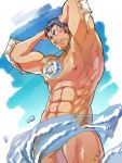  1boy abs bara blue_eyes chest cowboy_shot darlton facial_hair fins male_focus manly muscle navel nipples nude pectorals short_hair sideburns solo stubble thick_thighs thighs tokyo_houkago_summoners triton_(tokyo_houkago_summoners) water water_censor 