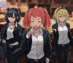  3girls alternate_costume amano_pikamee antennae arms_behind_back bag black_hair blonde_hair blurry blurry_background cigarette closed_eyes formal green_eyes hairband hand_in_pocket hikasa_tomoshika jitomi_monoe long_sleeves magnet multicolored_hair multiple_girls pant_suit red_eyes red_hair short_hair shoulder_bag smile smoking suit toromera two-tone_hair voms 