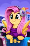  2018 absurd_res blurred_background clothed clothed_feral clothing coin darksly digital_media_(artwork) earmuffs equid equine eyelashes female feral fluttershy_(mlp) friendship_is_magic hasbro hi_res mammal money my_little_pony pegasus smile solo teal_eyes wings 