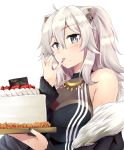  1girl ahoge animal_ear_fluff animal_ears bangs bare_shoulders black_jacket black_nails black_shirt cake ear_piercing eyebrows_visible_through_hair finger_licking food food_on_face food_on_finger fruit fur-trimmed_jacket fur_trim grey_eyes hair_between_eyes hands_up highres holding hololive jacket licking lion_ears long_hair long_sleeves looking_away makishima_rin nail_polish off_shoulder piercing shirt shishiro_botan silver_hair simple_background sleeveless sleeveless_shirt sleeves_past_wrists solo strawberry tongue tongue_out virtual_youtuber white_background 