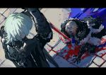  2boys aqua_hair arms_up bangs black_coat bleeding blonde_hair blood blood_on_face bloody_clothes bloody_hair bloody_weapon blue_cloak byleth_(fire_emblem) byleth_(fire_emblem)_(male) cloak coat crying dimitri_alexandre_blaiddyd facing_another fire_emblem fire_emblem:_three_houses from_above full_body fur_trim gauntlets hair_between_eyes hand_on_ground highres holding holding_sword holding_weapon injury kneeling long_coat looking_at_another looking_up male_focus medium_hair missing_limb multiple_boys ogata_tomio open_mouth pool_of_blood shouting sketch sword upper_body weapon 