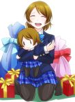  1girl black_legwear blue_jacket blue_skirt blush closed_eyes gift happy_tears jacket kneeling koizumi_hanayo light_brown_hair long_sleeves love_live! love_live!_school_idol_project no_shoes object_hug open_mouth otonokizaka_school_uniform pantyhose sakuma_shiiya school_uniform short_hair simple_background skirt smile solo stuffed_toy tearing_up tears white_background 