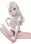  0shino 1girl barefoot black_panties butterfly_sitting feet highres hot long_hair looking_at_viewer no_pants off_shoulder original panties parted_lips red_eyes shirt shirt_tug short_sleeves simple_background solo sweat thighs tied_shirt underwear white_background white_hair white_shirt 