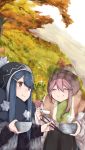  2girls :t absurdres autumn_leaves blue_hair bowl chopsticks closed_eyes commentary eating hat highres holding holding_bowl holding_chopsticks kagamihara_nadeshiko leadin_the_sky multiple_girls outdoors pink_hair purple_eyes scarf shima_rin smile winter_clothes yurucamp 