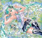  2girls :o =_= ahoge animal aqua_eyes aqua_hair armpits bare_arms bare_shoulders black_footwear black_legwear blush boots breasts chibi collared_shirt commentary dappled_sunlight day detached_sleeves feet_out_of_frame fish flood from_above green_eyes green_hair green_neckwear hair_ornament hair_spread_out happy hatsune_miku head_tilt headphones knee_up leaf long_hair looking_at_viewer lying mayo_riyo medium_breasts miniskirt moss multiple_girls navel necktie on_back on_ground outstretched_arms partially_submerged pleated_skirt ribbon-trimmed_shirt shirt skirt sleeveless sleeveless_shirt smile spread_arms sunlight thigh_boots thighhighs tree twintails under_tree very_long_hair vocaloid water zettai_ryouiki 