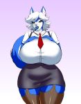  5_fingers anthro big_breasts blue_body blue_fur blue_lips blue_nose bottomwear breasts canid canine canis clothing curvy_figure darbo digital_drawing_(artwork) digital_media_(artwork) domestic_dog dress_shirt female fingers fur hair hand_on_breast hi_res hourglass_figure huge_breasts husky hyper hyper_breasts legwear lips looking_at_viewer mammal necktie nordic_sled_dog office_clothing office_lady shirt silver_eyes simple_background skirt smile solo speeds spitz standing stockings thick_thighs topwear white_body white_fur white_hair wide_hips 