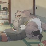  1:1 2020 anthro belly blush bulge butt canid canine canis chocobibear clothing detailed_background domestic_dog duo eating food inside kemono male male/male mammal overweight overweight_male shirt topwear underwear 