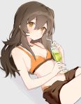  bra breasts brown_eyes brown_hair cleavage drink drinking_straw fei_(songyijie) girls_frontline grey_background hair_between_eyes long_hair looking_at_viewer no_shirt one_side_up open_fly open_pants orange_bra orange_eyes orange_panties panties scar scar_across_eye short_shorts shorts simple_background sketch small_breasts ump45_(girls_frontline) underwear 
