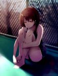  1girl 23el_(chocomo_towa) asymmetrical_hair brown_eyes brown_hair closed_mouth feet hair_ornament hairclip highres iwakura_lain looking_at_viewer school_swimsuit serial_experiments_lain short_hair solo swimsuit x_hair_ornament 