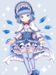  1girl alternate_costume alternate_hairstyle bangs blue_background blue_cape blue_eyes blue_footwear blue_hair blue_legwear blunt_bangs blush bonnet bow bowtie cape capelet cirno commentary_request cravat dress eyebrows_visible_through_hair fur-trimmed_cape fur_trim gothic_lolita hair_intakes head_tilt highres layered_dress lolita_fashion long_sleeves looking_at_viewer partial_commentary petticoat red_neckwear shirt short_hair simple_background smile solo sparkle_background thigh_gap thighhighs tomo_takino touhou twitter_username underbust white_capelet white_neckwear white_shirt wings zettai_ryouiki 