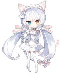  1girl :o animal_ear_fluff animal_ears bangs blue_eyes blunt_bangs blush bow breasts brown_eyes cat_ears cat_girl cat_tail character_request dress eyebrows_visible_through_hair flower full_body garter_straps gloves hair_flower hair_ornament hands_up heterochromia kotatu_(akaki01aoki00) last_origin long_sleeves looking_at_viewer medium_breasts parted_lips paw_pose pink_bow rose sleeves_past_wrists solo standing tail thighhighs white_dress white_flower white_gloves white_hair white_legwear white_rose 