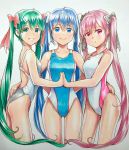 3girls :d :o alternate_eye_color alternate_hair_color backless_swimsuit bare_arms black_bow blue_eyes blue_hair blue_swimsuit blush bow breasts closed_mouth commentary competition_swimsuit cowboy_shot girl_sandwich green_eyes green_hair grey_background grey_swimsuit hair_bow hand_on_another&#039;s_hip hatsune_miku highres holding_hands interlocked_fingers long_hair looking_at_viewer mayo_riyo multiple_girls multiple_persona one-piece_swimsuit open_mouth pink_eyes pink_hair pink_swimsuit red_bow sakura_miku sandwiched sidelocks small_breasts smile swimsuit twintails two-tone_swimsuit very_long_hair vocaloid white_bow white_swimsuit 