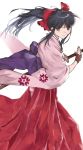  1girl absurdres black_hair bow brown_eyes commentary hair_bow hakama highres japanese_clothes katana kimono leadin_the_sky long_hair pink_kimono ponytail sakura_taisen shinguuji_sakura solo sword weapon white_background 