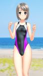  1girl absurdres beach black_swimsuit blue_eyes blurry clothes_removed competition_swimsuit covered_navel cowboy_shot depth_of_field flat_chest grey_hair highres horizon looking_at_viewer multicolored multicolored_clothes multicolored_swimsuit ocean one-piece_swimsuit original short_hair solo standing swimsuit takafumi thigh_gap 