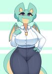 anthro bottomwear clothing dragon female hand_on_chest hand_on_hip inkplasm jewelry looking_at_viewer marilin_(kiwihermit) mature_female necklace office_clothing pants shirt smile solo topwear 