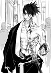  1boy 4others abs bangs bare_chest bare_shoulders blood blood_on_face cassette_player closed_mouth collarbone earbuds earphones greyscale hair_between_eyes highres holding japanese_clothes katana katana_zero kimono male_focus manly monochrome multiple_others navel ogata_tomio ponytail scabbard sheath sheathed short_hair sketch solo_focus stomach sword toned toned_male weapon zero_(katana_zero) 