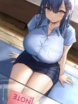  1girl bangs blue_hair blush breasts collarbone commentary_request eyebrows_visible_through_hair eyelashes glass_table hair_ornament hairclip highres huge_breasts looking_at_viewer medium_hair notebook oekakizuki original pen pink_eyes shirt sitting_on_floor solo table thick_thighs thighs 