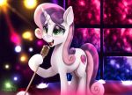  2020 absurd_res cutie_mark darksly digital_media_(artwork) equid equine eyebrows eyelashes female feral friendship_is_magic fur green_eyes hasbro hi_res horn mammal microphone my_little_pony open_mouth solo stage sweetie_belle_(mlp) tongue unicorn white_body white_fur 