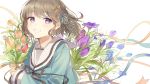  1girl blue_ribbon bouquet commentary flower hair_ribbon highres holding holding_flower long_sleeves looking_at_viewer medium_hair original oyuyu purple_eyes ribbon simple_background smile solo upper_body white_background yellow_ribbon 
