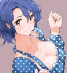  1girl antenna_hair blouse blue_hair breasts brown_background cleavage commentary_request fed_(giba) hair_between_eyes halterneck highres idolmaster idolmaster_million_live! large_breasts looking_at_viewer polka_dot_blouse scoop_neck short_hair smile solo toyokawa_fuuka upper_body yellow_eyes 