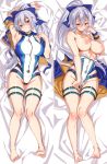  1girl armpits ass_visible_through_thighs bare_shoulders blue_ribbon breasts cle_masahiro collarbone covered_navel cropped_jacket dakimakura eyebrows_visible_through_hair eyes_visible_through_hair fate/grand_order fate_(series) groin hair_ribbon highres jacket jacket_over_swimsuit large_breasts nipples ponytail red_eyes ribbon silver_hair solo swimsuit swimsuit_pull thigh_gap thigh_strap tomoe_gozen_(swimsuit_saber)_(fate) 