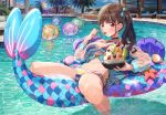  1girl bangs beach_chair bikini breasts brown_eyes brown_hair choker cleavage commentary_request dessert eating food fruit highres idolmaster idolmaster_shiny_colors inflatable_raft inflatable_toy joey_koguma large_breasts layered_bikini looking_at_viewer multicolored multicolored_bikini multicolored_clothes navel palm_tree pillow pool red_eyes shaved_ice side-tie_bikini side_ponytail solo sonoda_chiyoko swimsuit thighs tree wading water wet 