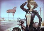  blue_eyes car gloves goggles grass green_hair idolmaster idolmaster_cinderella_girls motorcycle navel no_bra open_shirt short_hair sky takagaki_kaede yasukura_(shibu11) 