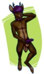  3:5 anthro antlers cervid cervine collar erection genitals hair hi_res hooves horn male male/male mammal penis pinup pose purple_hair purple_penis solo stoobs wyebird 