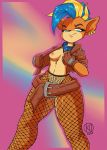  activision anthro bandicoot belt better_version_at_source breasts clothed clothing crash_bandicoot_(series) ear_piercing ear_ring exposed_breasts female fingerless_gloves fishnet fishnet_legwear gloves hair handwear jacket kairaanix legwear mammal marsupial medium_breasts multicolored_hair open_clothing open_jacket open_topwear piercing pirate_tawna solo tawna_bandicoot topwear video_games 