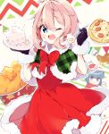  2girls :d blue_eyes blue_hair cake capelet christmas food food_on_face fried_chicken fur_trim gloves hat holding holding_plate kagamihara_nadeshiko multiple_girls one_eye_closed open_mouth outline pink_hair pizza plate purple_eyes ringosutta santa_costume santa_hat shima_rin smile yurucamp 