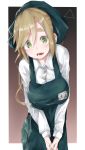  1girl apron blonde_hair breasts commentary eyebrows_visible_through_hair fang gradient gradient_background green_eyes hands_together head_scarf highres inuyama_aoi large_breasts leadin_the_sky long_hair name_tag simple_background skin_fang solo store_clerk thick_eyebrows uniform yurucamp 
