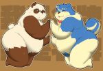  2020 96panda 96panda_hk absurd_res anthro belly blue_body blue_fur brown_body brown_fur canid canine canis domestic_dog duo eyewear fur giant_panda glasses green_eyes hi_res kemono male mammal overweight overweight_male tongue tongue_out ursid white_body white_fur 