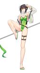  1girl black_hair breasts bun_cover chainsaw_of_the_dead covered_navel double_bun fate/grand_order fate_(series) flip-flops full_body green_eyes green_ribbon highleg highleg_swimsuit highres jacket leg_up medium_breasts ohlia one-piece_swimsuit open_mouth polearm qin_liangyu_(fate) ribbon sandals scarf short_hair solo standing standing_on_one_leg swimsuit weapon white_jacket white_scarf 