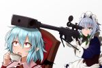  2girls anti-materiel_rifle apron bags_under_eyes bangs bat_wings blue_eyes blue_hair braid chair closed_mouth commentary_request cup dress expressionless eyebrows_visible_through_hair fingernails gloves greenkohgen grey_background gun hair_between_eyes hair_intakes holding holding_cup holding_gun holding_weapon izayoi_sakuya long_fingernails long_sleeves maid_headdress multiple_girls nail_polish nervous no_hat no_headwear open_mouth pgm_hecate_ii pointy_ears red_eyes red_nails remilia_scarlet rifle short_hair silver_hair simple_background sniper_rifle sweat teacup touhou weapon white_apron white_gloves wings 