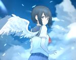  black_hair blue_eyes clouds cropped original ryou_(ponpgo) school_uniform short_hair skirt sky wings 