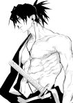  1boy abs bangs bare_chest bare_shoulders closed_mouth collarbone earbuds earphones greyscale highres japanese_clothes katana katana_zero kimono looking_away male_focus monochrome navel nipples ogata_tomio pectorals ponytail profile sheath sheathed short_hair simple_background sketch solo stomach sword toned toned_male upper_body weapon zero_(katana_zero) 