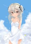  1girl arms_behind_back bare_arms bare_shoulders black_bow black_hairband blue_sky blush bow breasts brown_eyes closed_mouth cloud collarbone commentary_request day dress flipper frilled_dress frills girls_und_panzer grey_hair hair_bow hairband highres long_hair looking_at_viewer one_side_up outdoors petals shimada_arisu sky sleeveless sleeveless_dress small_breasts smile solo white_dress 