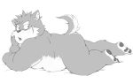  2018 anthro belly butt canid canine canis dekatanu domestic_dog kemono male mammal monochrome moritaka scar simple_background slightly_chubby solo tokyo_afterschool_summoners video_games white_background 