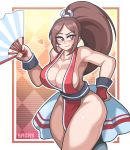  1girl absurdres blush breasts brown_eyes brown_hair checkered checkered_background cleavage commentary eyebrows fan fatal_fury full_body gloves heart highres huge_breasts japanese_clothes long_hair looking_to_the_side no_bra red_gloves revealing_clothes sagas293 shiranui_mai sideboob smile snk solo symbol_commentary the_king_of_fighters thick_thighs thighs tied_hair white_background 