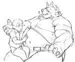  2020 anthro belly clothing duo exe_exem human humanoid_hands kemono male mammal monochrome navel overweight overweight_male shirt simple_background sitting tokyo_afterschool_summoners topwear tsathoggua video_games white_background 