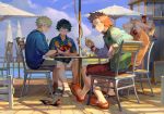  all_male animal bakugou_katsuki bird black_hair blonde_hair boku_no_hero_academia clouds drink food fruit group kaminari_denki kirishima_eijirou male midoriya_izuku orange_hair short_hair shorts sky socks taro-k umbrella wristwear 