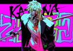  1boy bangs black_jacket blonde_hair blood blood_on_face bloody_clothes cassette_player collared_shirt copyright_name dress_shirt earbuds earphones fifteen_(katana_zero) formal hair_between_eyes highres holding holding_sheath jacket katana katana_zero letterboxed long_hair long_sleeves looking_at_viewer male_focus ogata_tomio open_mouth pink_background ponytail red_eyes scabbard sheath shirt smile solo suit sword upper_body weapon white_shirt 
