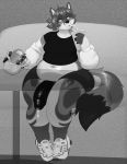  2020 anthro beverage biped bodily_fluids bottomwear burger canid canine clothed clothing crobat_(artist) cup digital_media_(artwork) dripping fingers flaccid food footwear fox genital_fluids genitals greyscale hair hi_res holding_cup holding_food holding_object hoodie humanoid_genitalia humanoid_penis male mammal monochrome navel overweight overweight_anthro overweight_male penis precum precum_drip shirt shoes short_hair shorts sitting socks soda solo thick_thighs topwear 