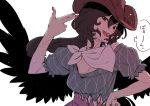  1girl bandana bird_wings black_legwear cowboy_hat finger_gun finger_gun_to_head hand_on_hip hat highres kawayabug kurokoma_saki long_hair off-shoulder_shirt off_shoulder pink_nails red_eyes shirt simple_background solo touhou translation_request white_background wings 