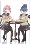  2girls :t absurdres black_legwear blue_eyes blue_hair cake chair commentary eating food hair_bun highres kagamihara_nadeshiko leadin_the_sky loafers long_hair mouth_hold multiple_girls pantyhose pink_hair purple_eyes school_uniform scrunchie shima_rin shoes sitting sleeves_past_wrists spoon_in_mouth table white_background yurucamp 