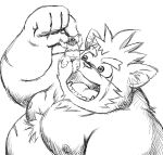  2018 anthro ashigara belly canid canine canis clothing dekatanu domestic_dog duo imminent_vore kemono macro male mammal monochrome moobs moritaka nipples overweight overweight_male scar shirt tokyo_afterschool_summoners topwear ursid video_games vore 