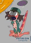  2020 amphibia_(series) amphibian anthro bella_(amphibia) blush bodily_fluids bottomless breasts brown_hair clothed clothing dialogue duo english_text eyelashes faceless_male female genitals hair hi_res jumpjump male male/female newt nipples open_mouth patreon penis penis_shadow salamander_(amphibian) speech_bubble sweat sweatdrop tail_boner text tongue 